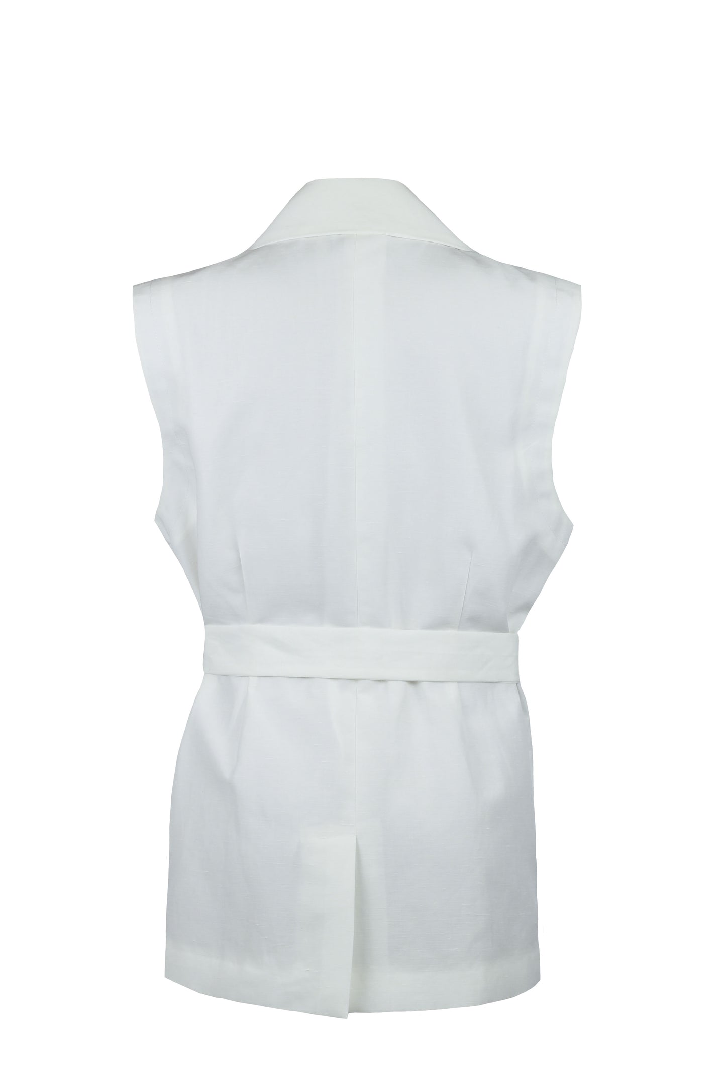 White sleeveless top with a belt on a white background