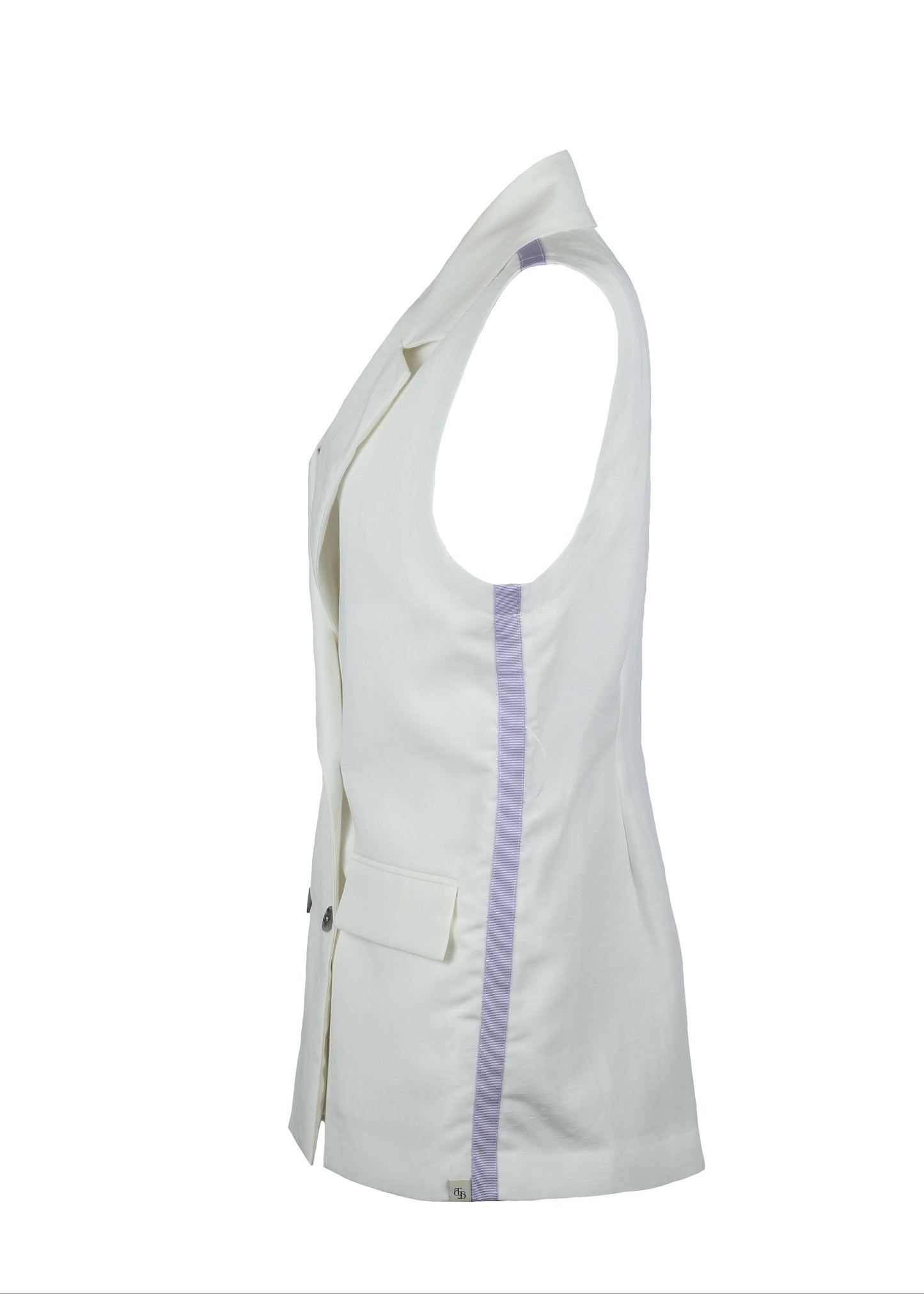 White vest with a purple stripe on a white background