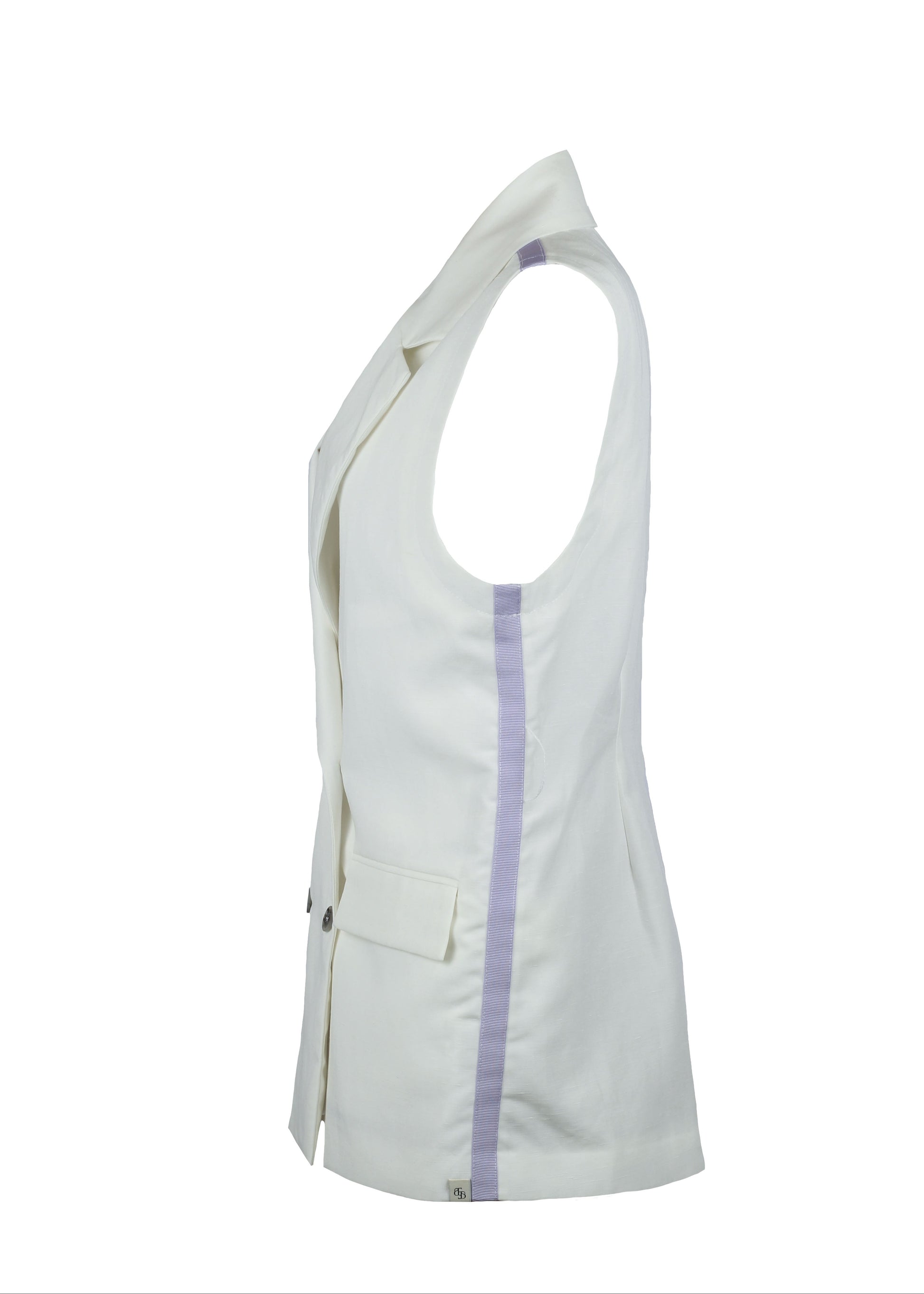 White vest with a purple stripe on a white background