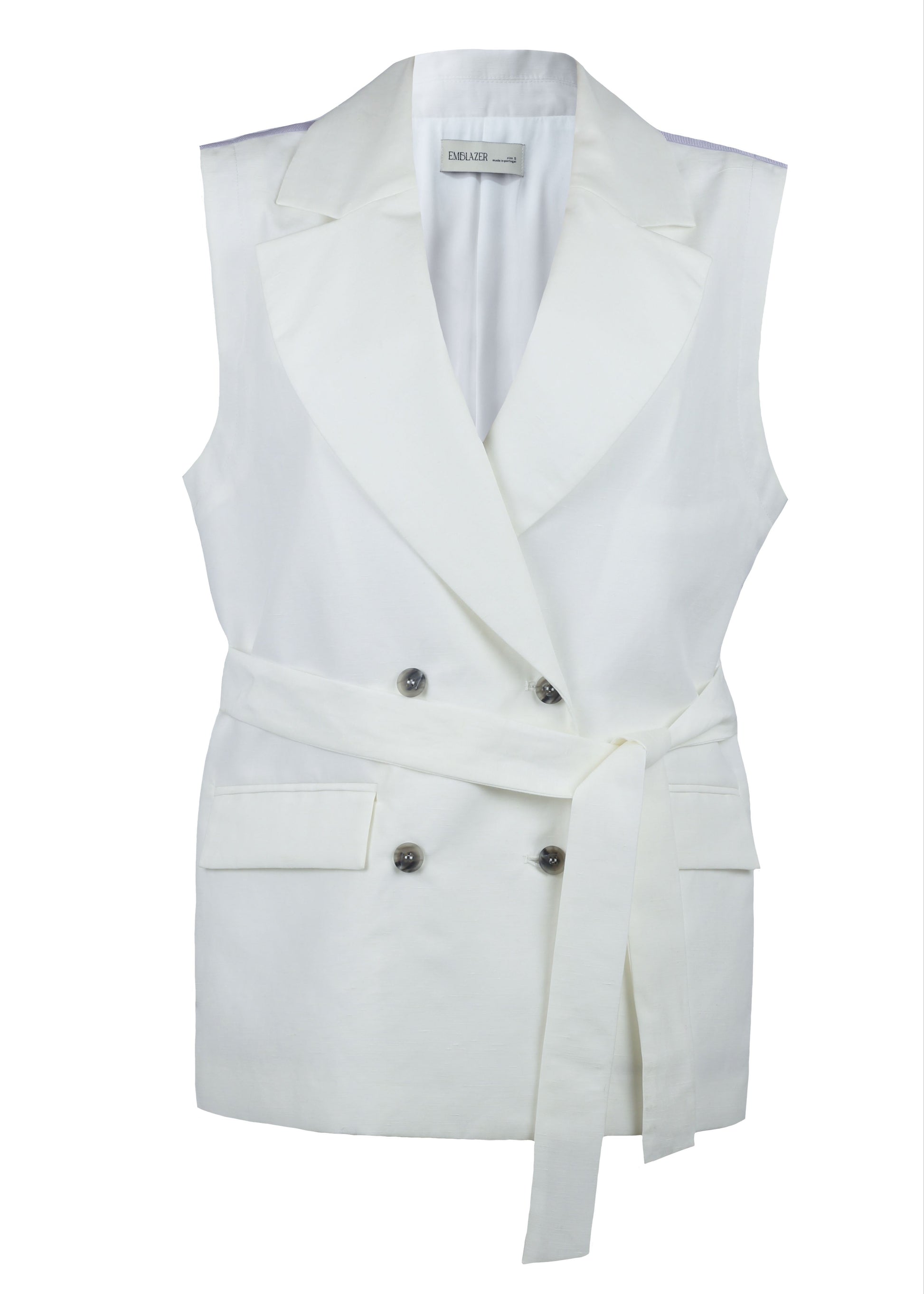 White sleeveless blazer with buttons on a white background