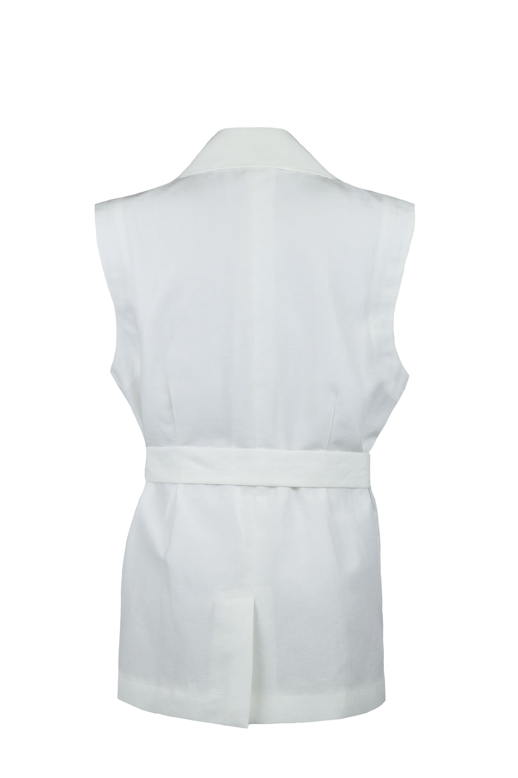 White sleeveless top with a belt on a white background