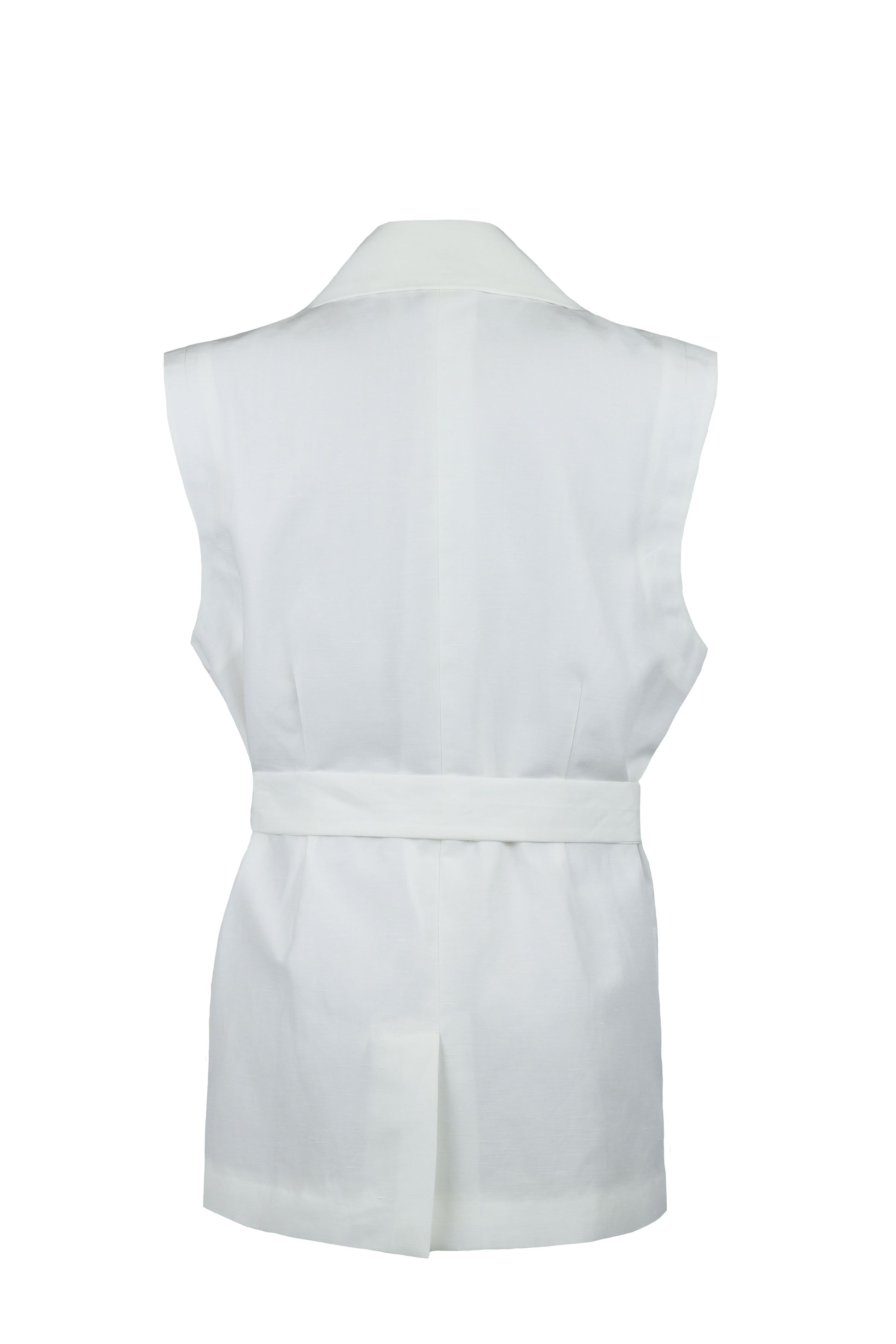 White sleeveless top with a belt on a white background