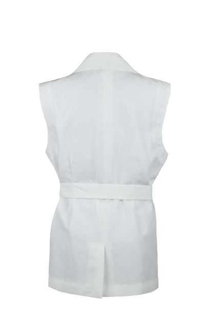 White sleeveless top with a belt on a white background